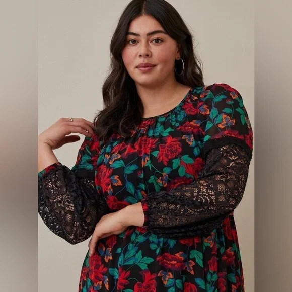 NWT Torrid Plus Size Women's Maxi Peasant Chiffon Floral Black Dress sz 6X/30 - Picture 2 of 16